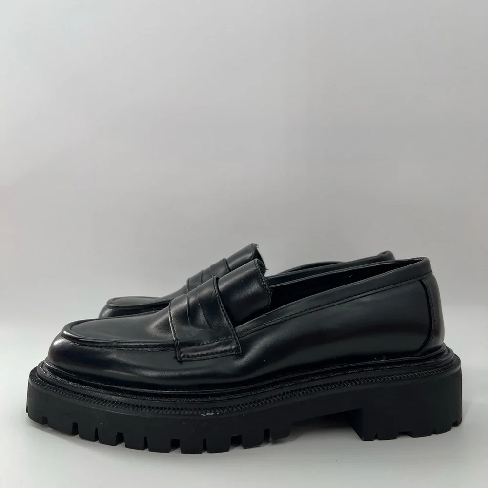 H&M Chunky Platform Black Vegan Leather Slip On Loafers